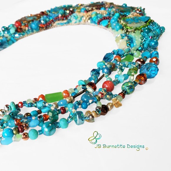 Turquoise Beaded Embroidery Statement Free-form Bib Necklace, Handmade Jewelry - Picture 8 of 10